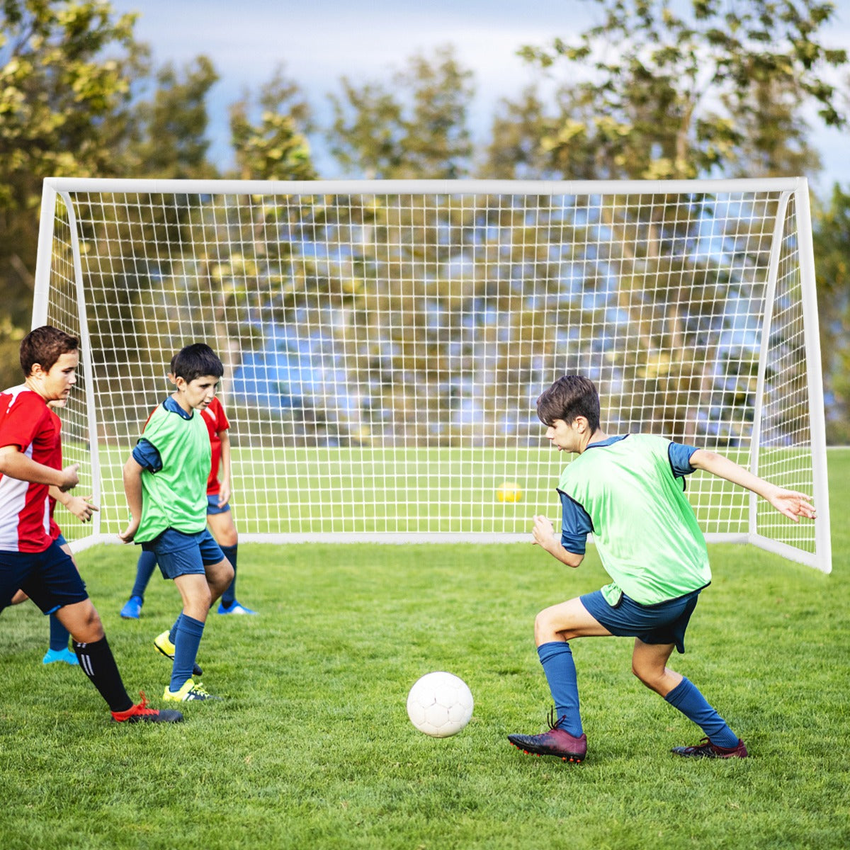 Kids Soccer Goal with PVC Frame, All-Weather Durability, and Easy Setup for backyard fun.