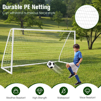 Kids soccer goal with PVC frame, all-weather durability, and easy setup for home play.