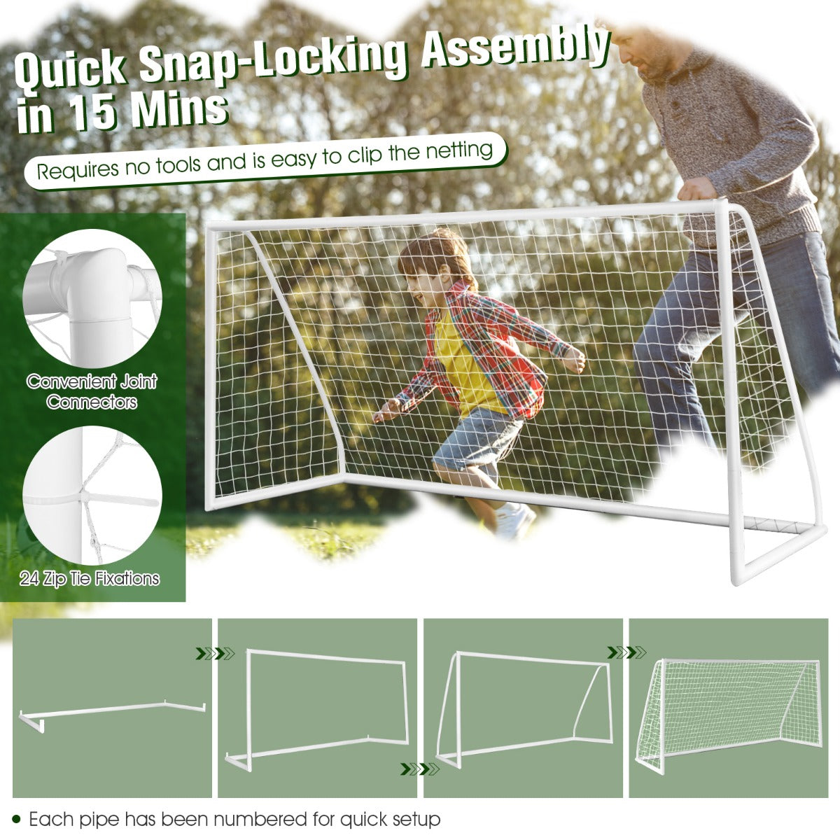 Kids Soccer Goal with PVC Frame, All-Weather, Easy Setup for home play.