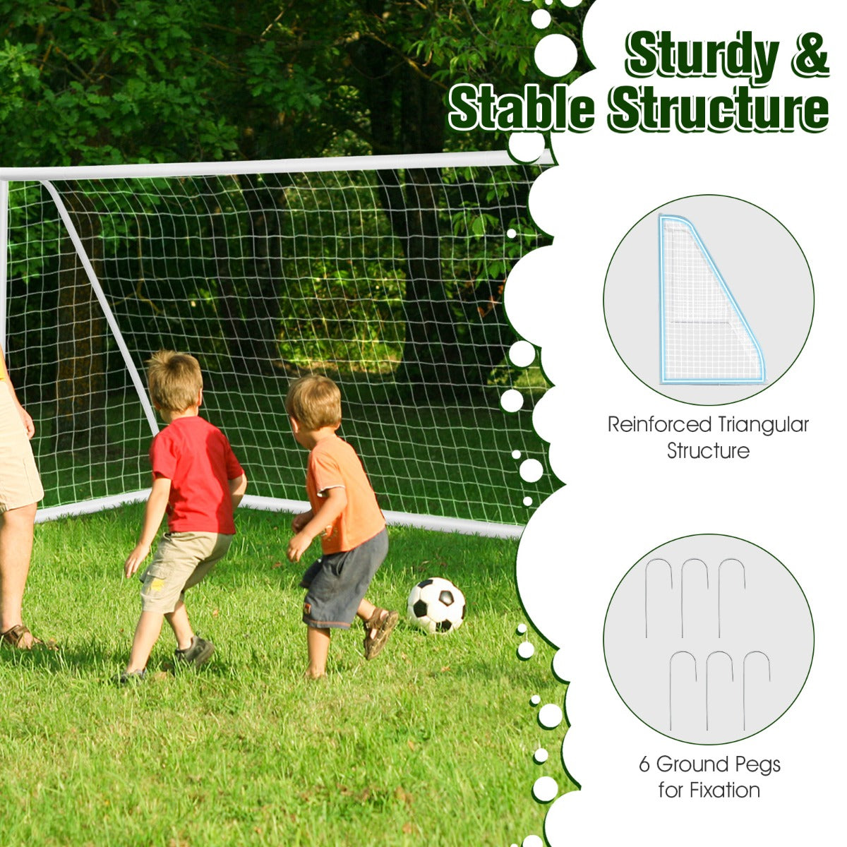 Childrens PVC soccer goal for all-weather play, easy setup at home backyard.