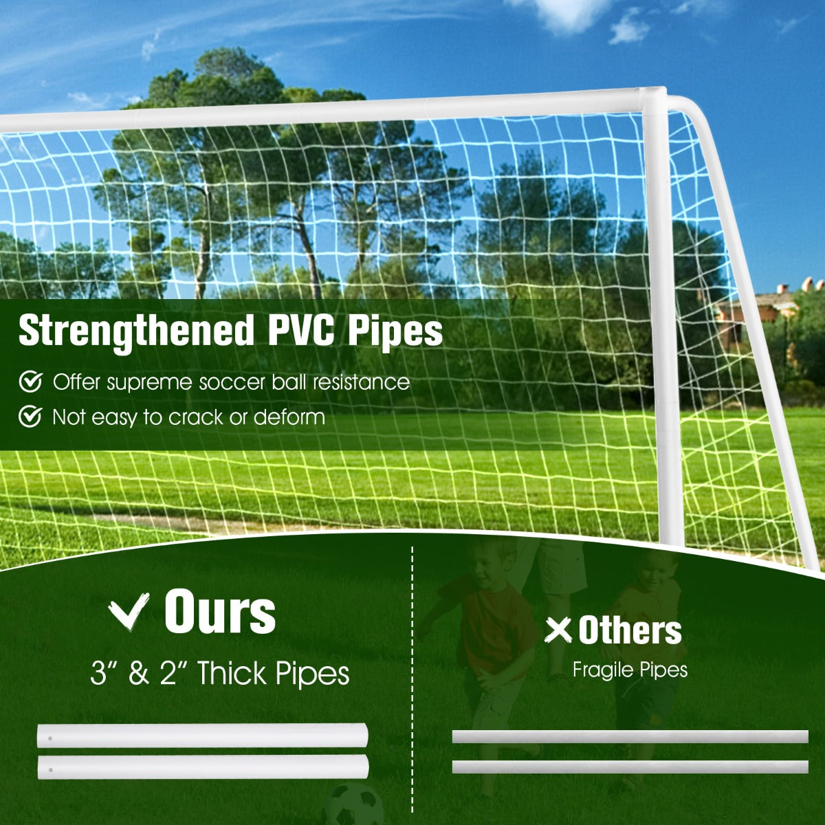 Kids PVC soccer goal for all-weather play, easy setup at home for backyard fun.