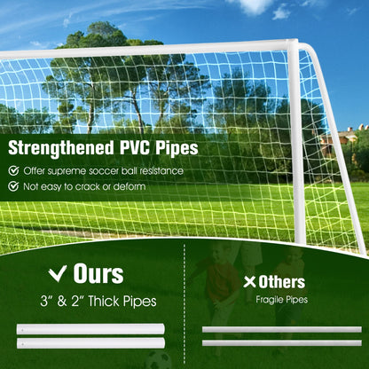 Kids PVC soccer goal for all-weather play, easy setup at home for backyard fun.