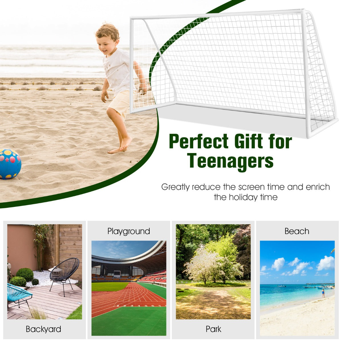 Kids soccer goal with PVC frame for all-weather fun, easy setup at home.