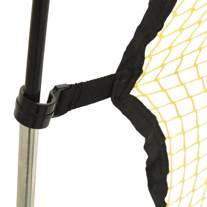 Portable soccer rebounder net in black and yellow for childrens skill development at home.