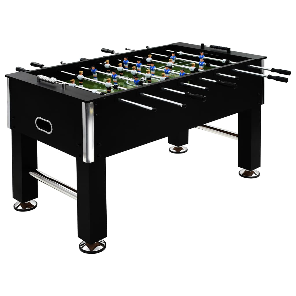 Black steel foosball table, tournament size for kids home entertainment and fun games.