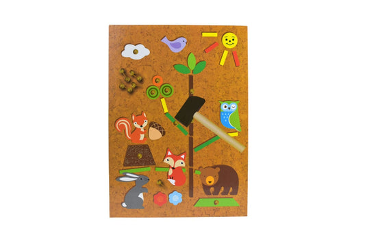 Colorful wooden shape sorter toy with forest animal theme for imaginative play and learning.