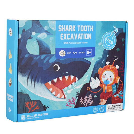 Shark fossils excavation kit for kids, discovering prehistoric treasures at home.