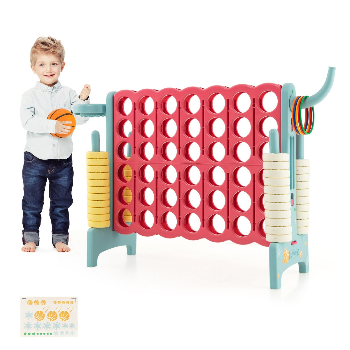 Jumbo 3-in-1 Outdoor Game Set - Connect 4, Basketball, and Ring Toss for kids backyard fun.