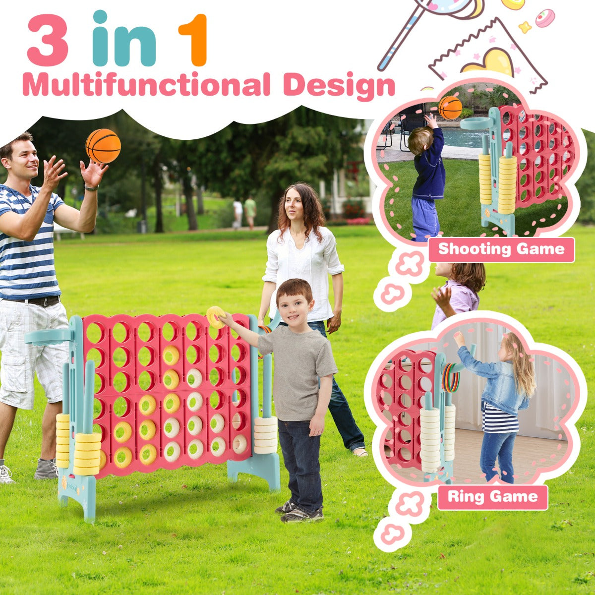 Jumbo 3 in 1 Outdoor Game Set | Connect 4, Basketball and Ring Toss for kids backyard fun