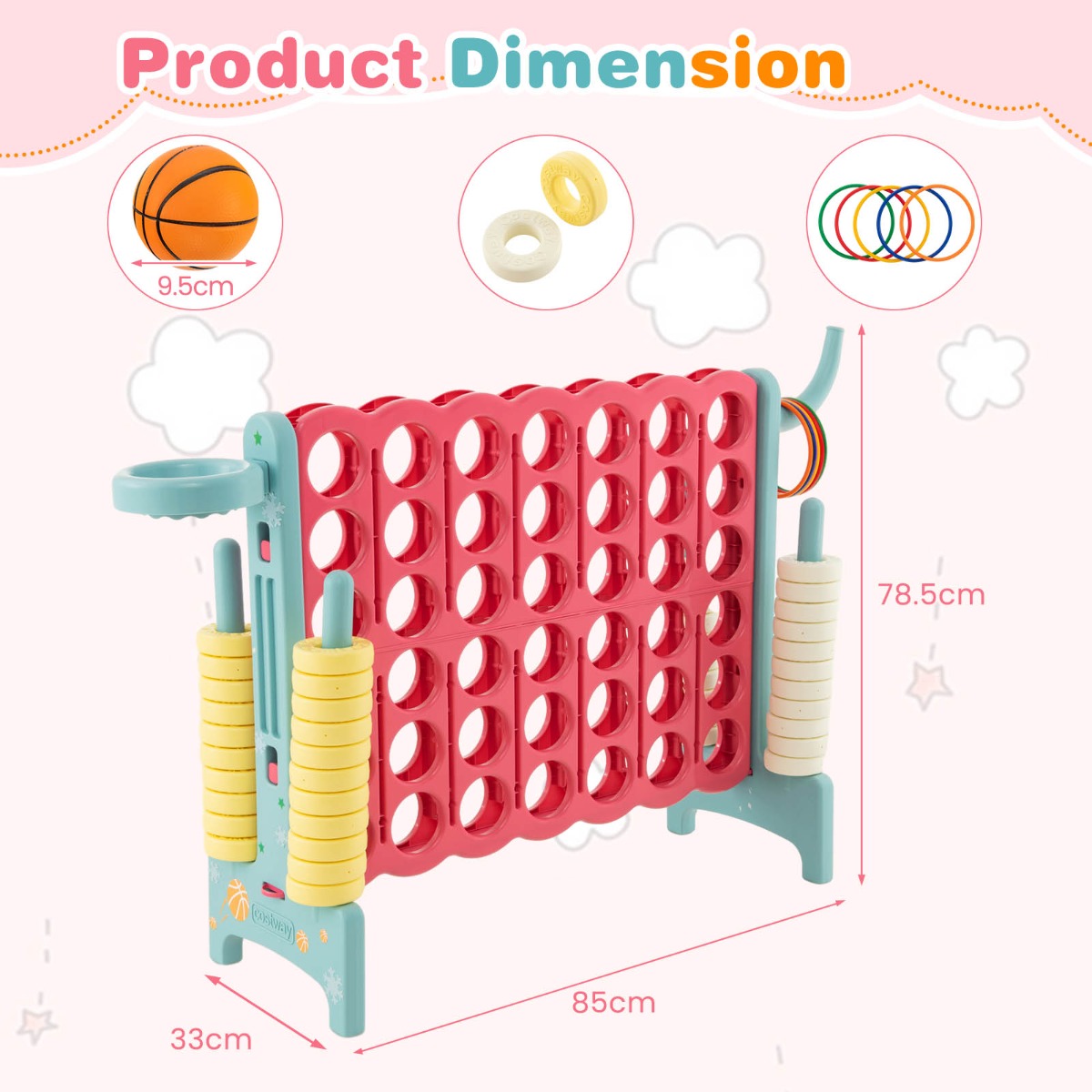 Jumbo 3-in-1 Outdoor Game Set featuring Connect 4, Basketball and Ring Toss for kids backyard fun.
