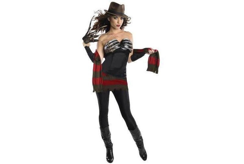 Adult Freddy Krueger costume for Halloween with iconic glove for kids dress-up at home.