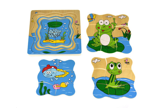 Colorful frog lifecycle 4-layer puzzle board for interactive, educational play at home.