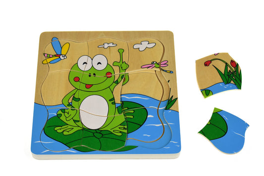 Frog lifecycle puzzle board with 4 layers for interactive learning and playtime at home.