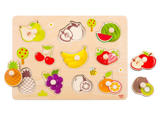 Colorful wooden fruit peg puzzle for kids, promoting cognitive skills and hand-eye coordination.