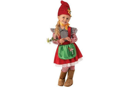 Adorable Garden Gnome Girl Costume with Hat and Boot Tops for playful home dress-up.