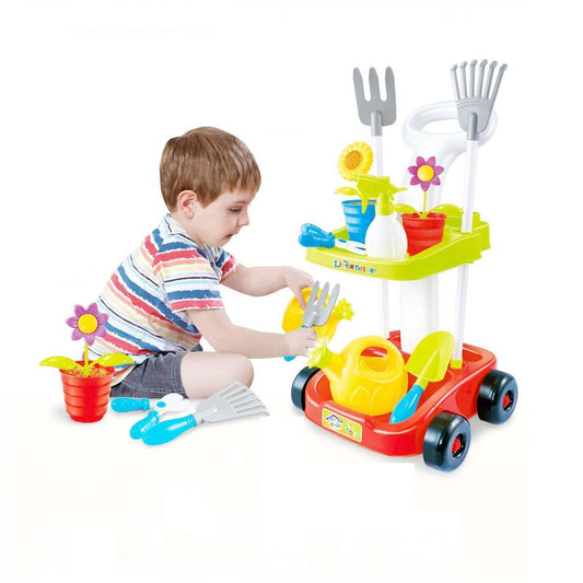 Colorful kids gardening trolley set with tools for outdoor play and learning garden skills.