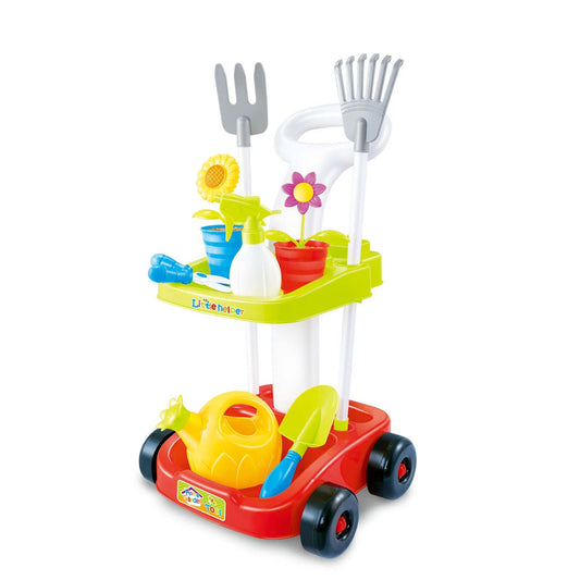 Childrens gardening trolley set with tools for outdoor play and learning adventures.