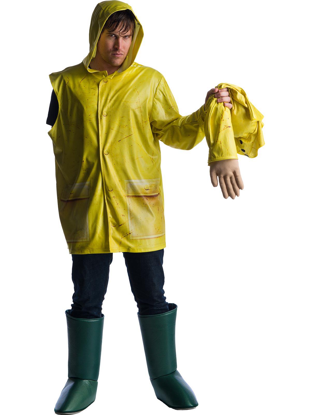 Georgie Denbrough adult costume with raincoat inspired by Stephen Kings It for Halloween.