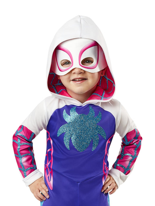 Kids Ghost Spider Marvel costume with padded jumpsuit for imaginative play at home.