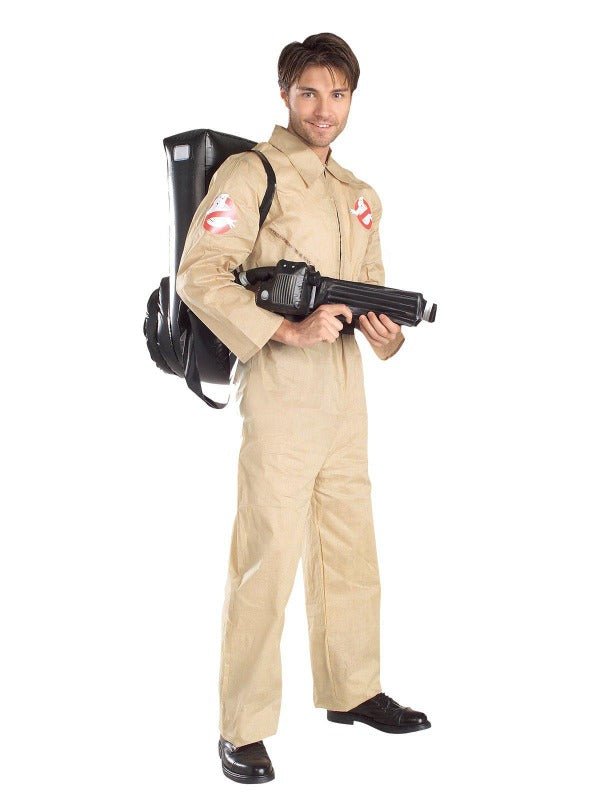 Ghostbusters Adult Deluxe Costume with Inflatable Proton Pack for themed Halloween parties.