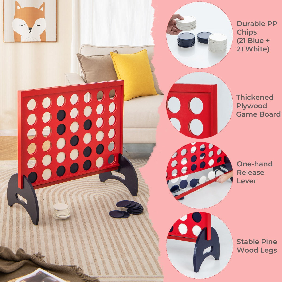 Large wooden 4-in-a-row game set for backyard play, perfect for kids outdoor fun.