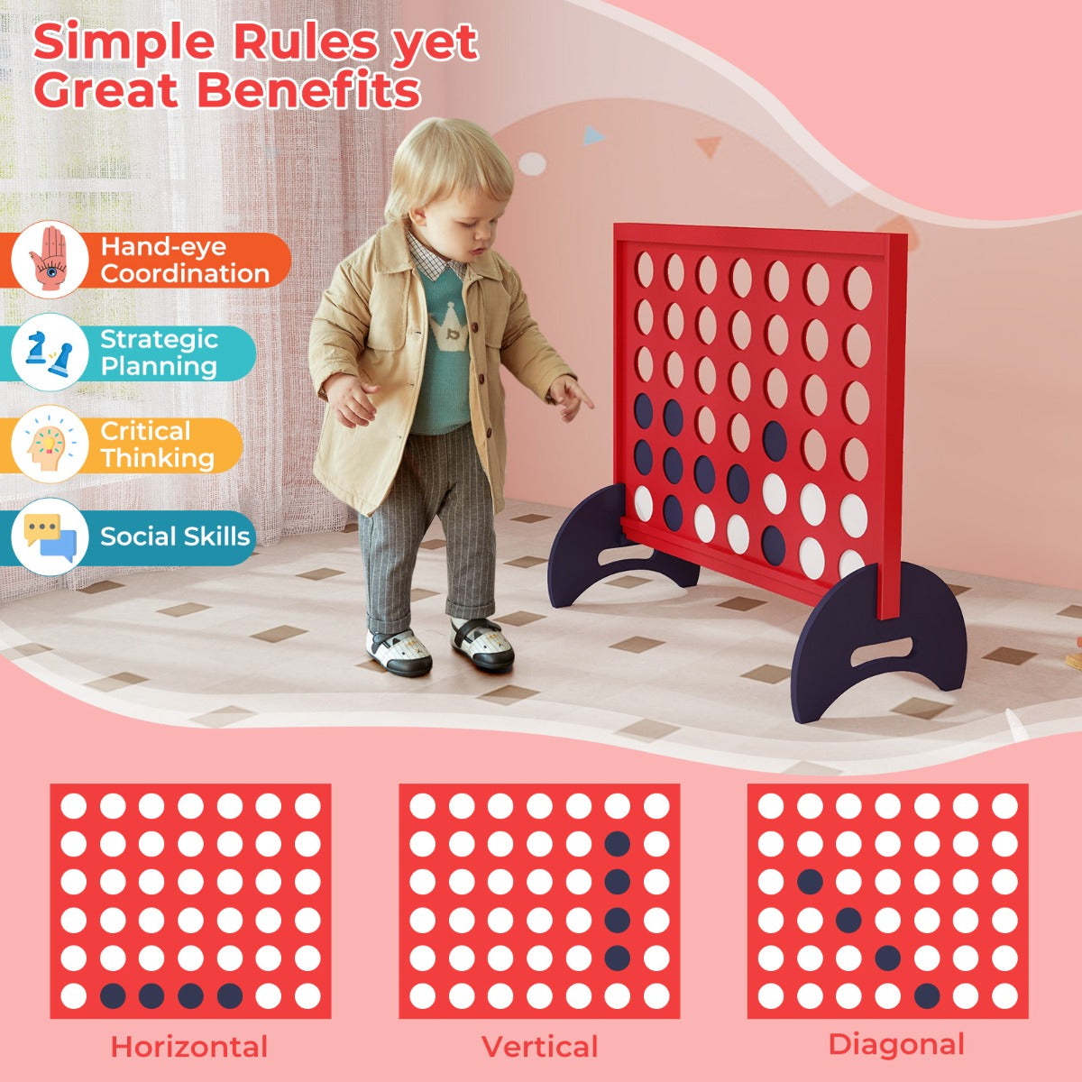 Large wooden 4-in-a-row game set perfect for outdoor fun in childrens play area.