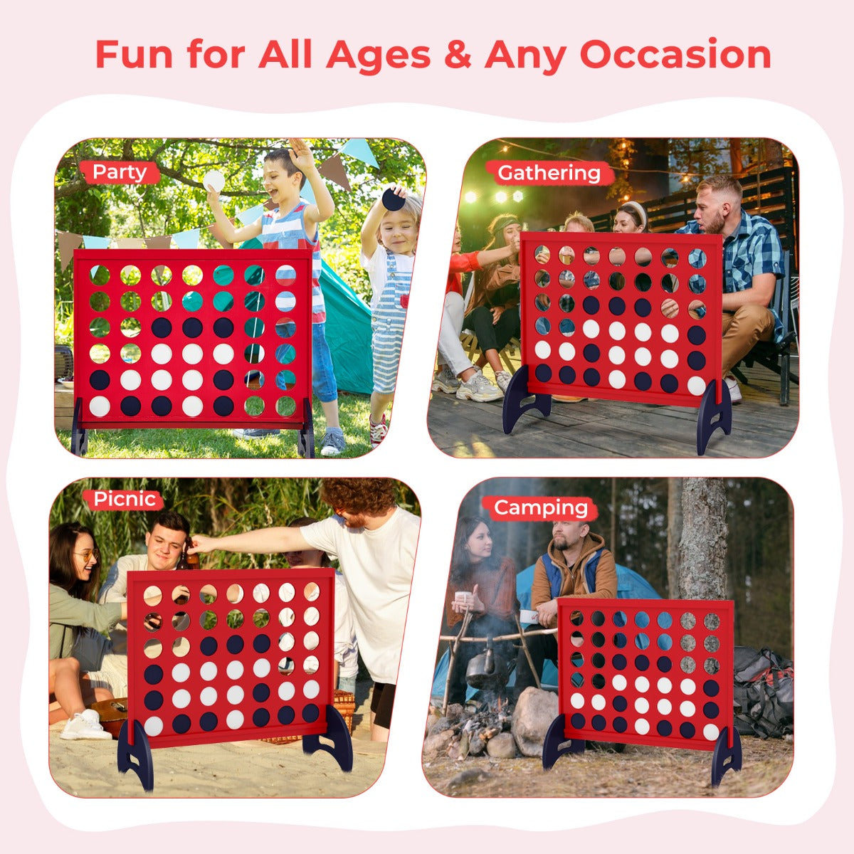 Wooden 4-in-a-Row game set for kids outdoor play, promoting strategic thinking and fun.