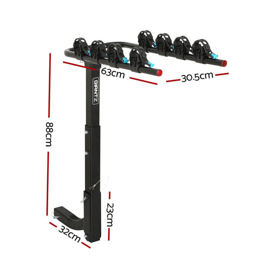 Foldable steel bike carrier for 4 bicycles, mountable on 2 towbar. Ideal for family outings.