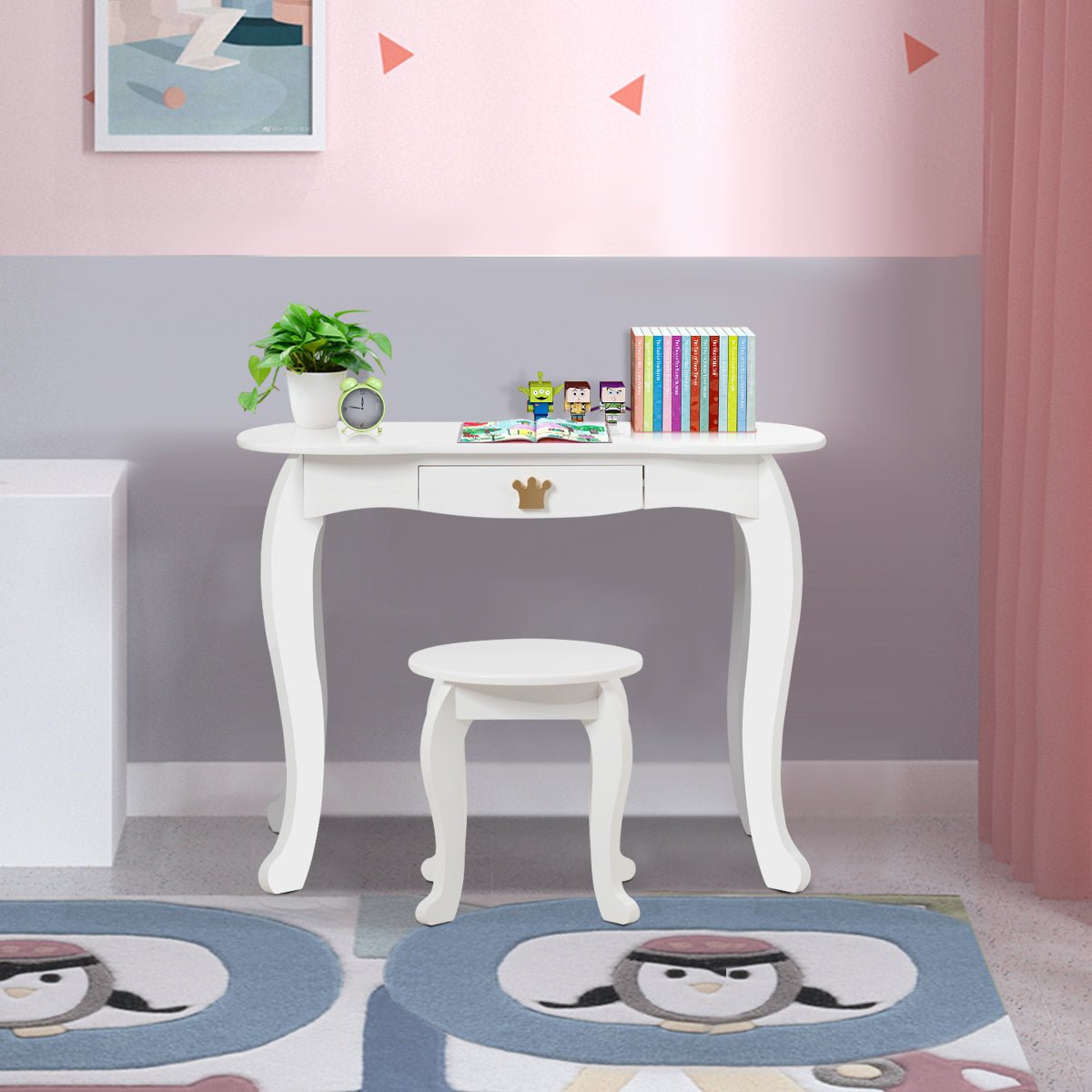 Kids Vanity Table and Chair Set - Mirror, Drawer, and Girlish Charm