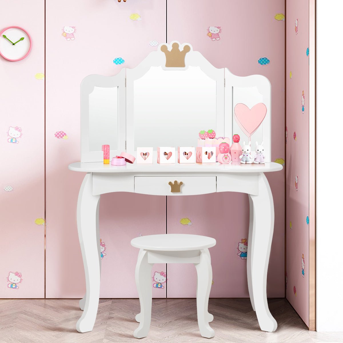 Children's Vanity Set with Mirror & Drawer - White Elegance and Comfort