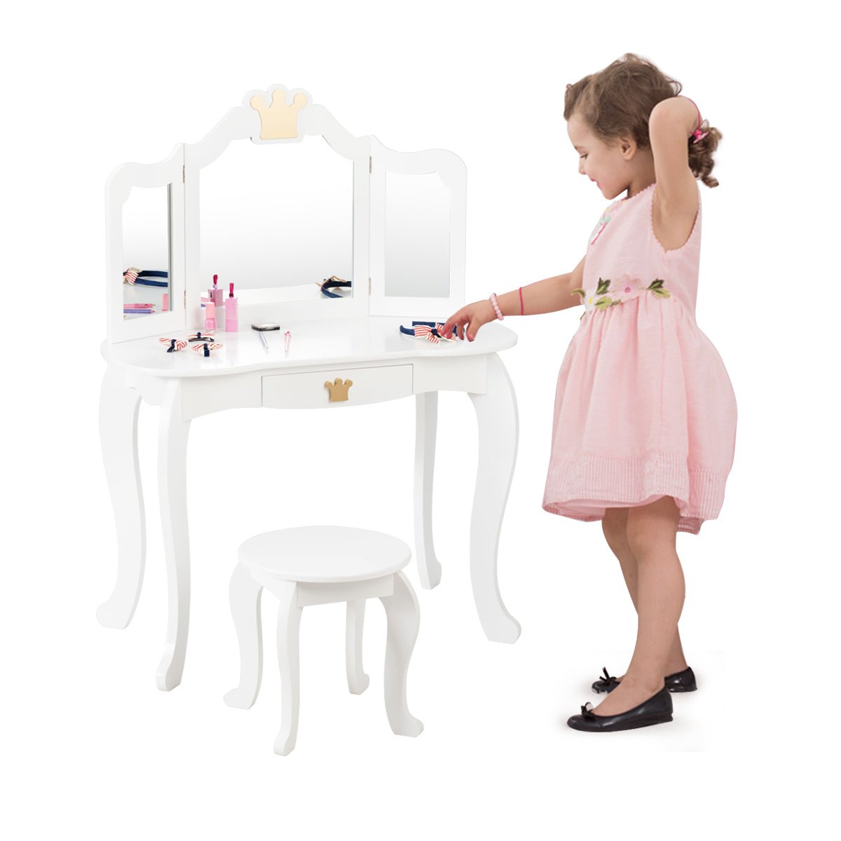 Kids Vanity Table and Chair Set - Mirror & Drawer, Girl's Graceful Retreat