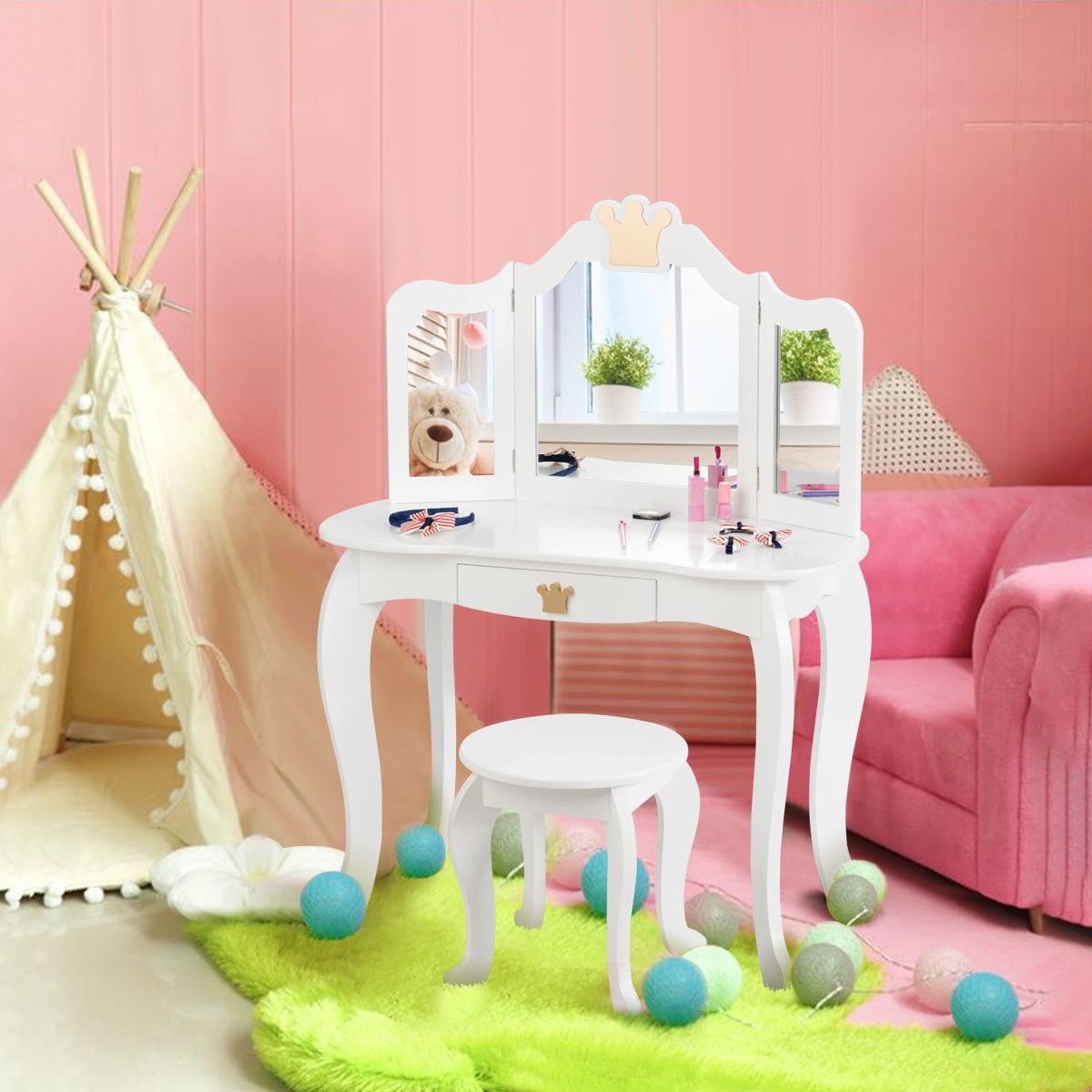 Children's Vanity Table & Chair Set - Mirror, Drawer, and Delightful Dreams