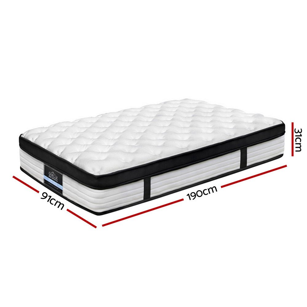 Kids 31cm single mattress with Euro top pocket spring for comfortable sleep.