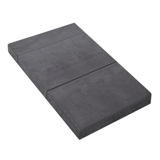 Portable double size foam mattress in dark grey velvet, perfect for childrens sleepovers.