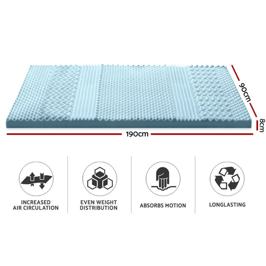 Memory foam mattress topper with 7-zone support, 8cm thick, ideal for single kids beds.