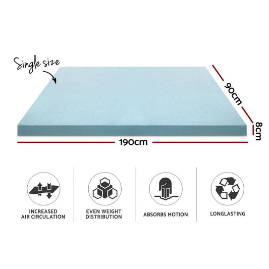Memory foam mattress topper with 8cm cool gel layer for single childrens bed.