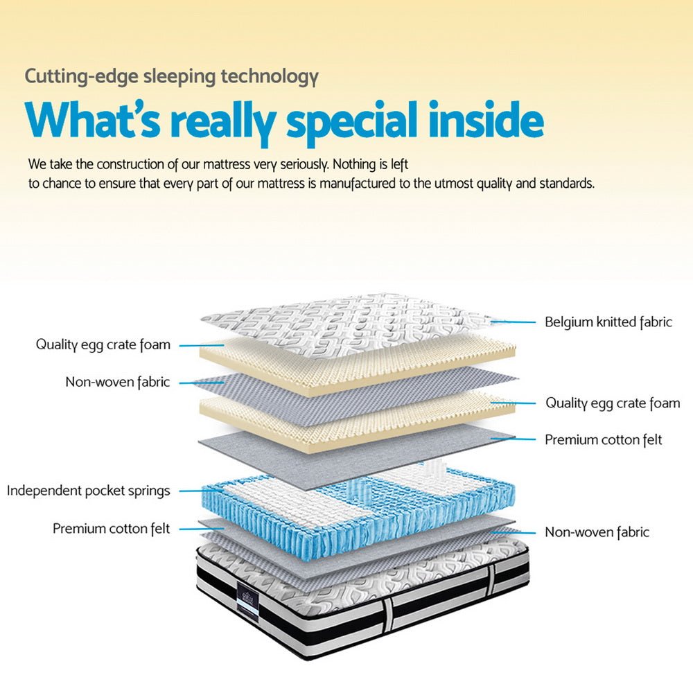 Queen-size pocket spring mattress (24cm thick) with Rumba Tight Top for kids comfort.