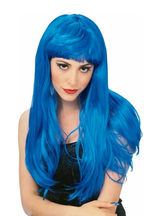 Long blue costume wig with glamour style for adults, perfect for childrens dress-up play.