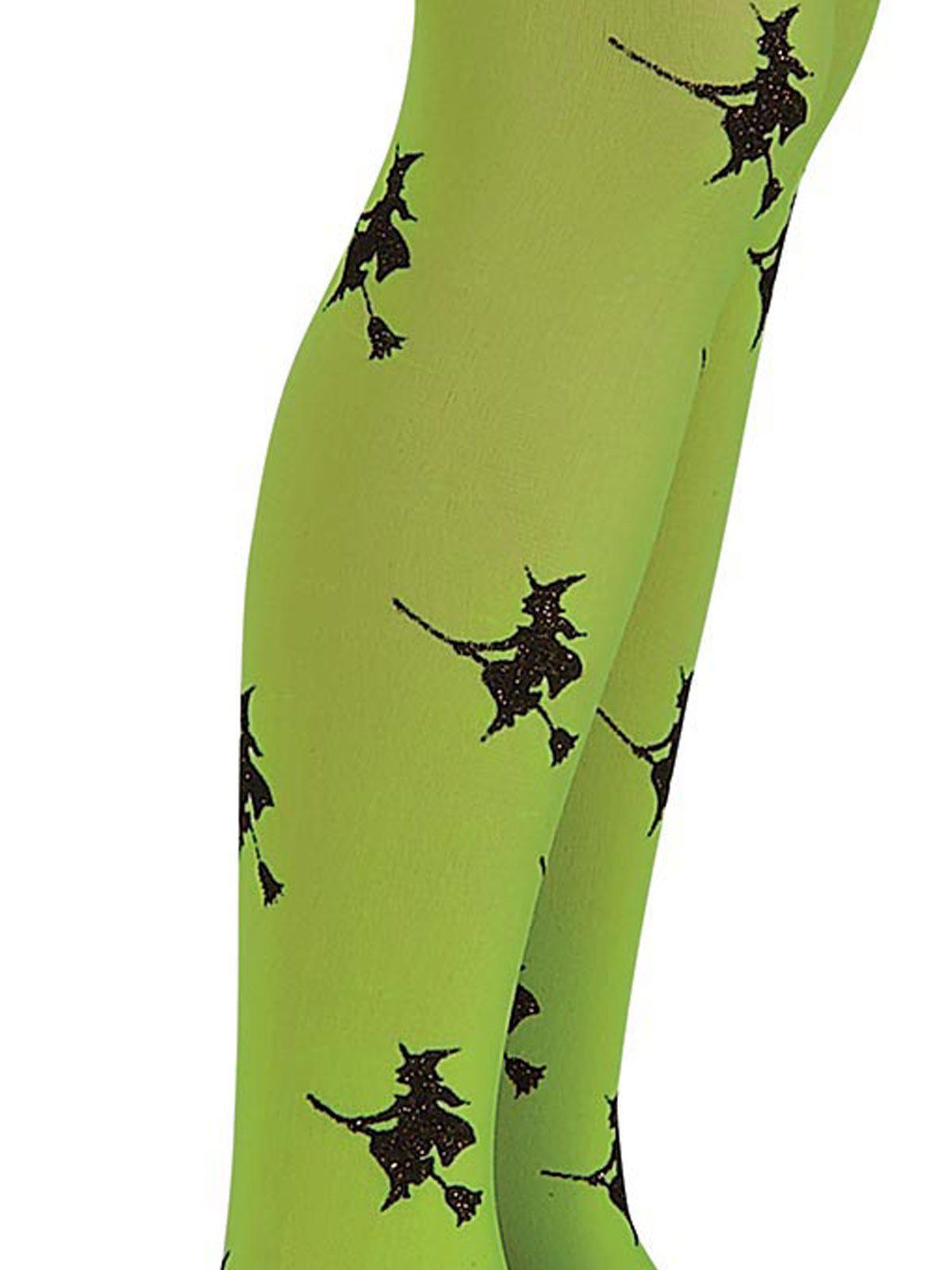 Green glittery witch tights for kids, perfect for Halloween costume dressing up at home.