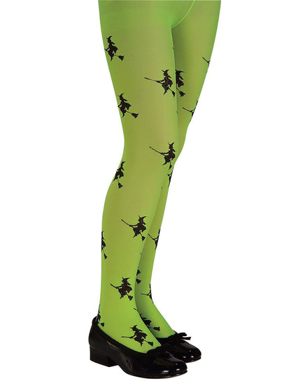 Green glittery witch tights for kids, perfect Halloween costume accessory with sparkly flair.