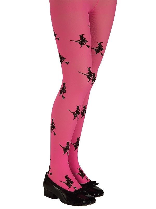 Small Pink Glitter Witch Halloween Tights for Kids, perfect for festive home outfits.