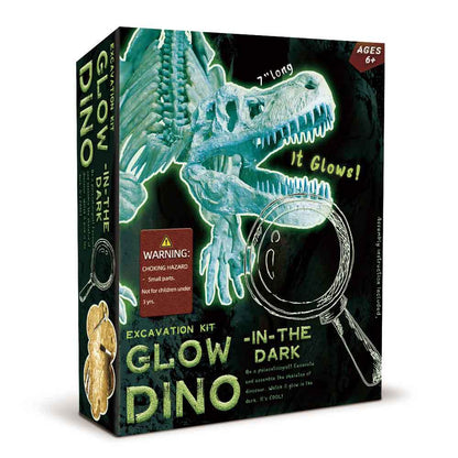 Glow-in-the-dark T-Rex skeleton excavation kit for kids, fostering creativity and learning at home.