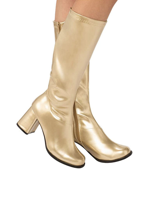 Shiny gold Go|Go boots for adults, perfect for 60s costume accessories. Retro-chic style.