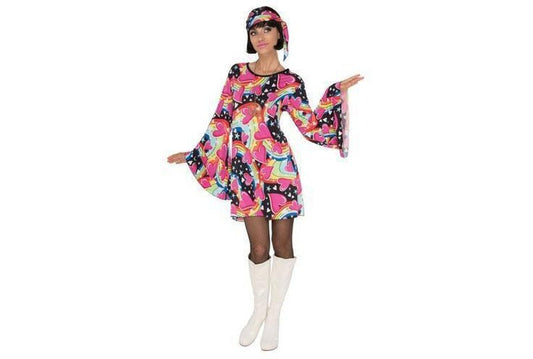 Colorful 60s style costume for adults in mini dress, perfect for costume parties.