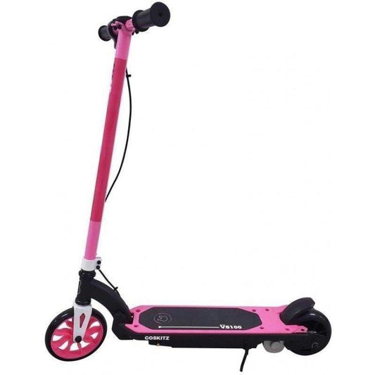 Go Skitz VS100 Electric Scooter in whimsical pink color, perfect for kids at home.