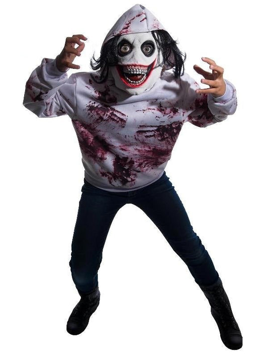 Kids ghoul costume with blood-splattered hood for spooky Halloween fun at home.