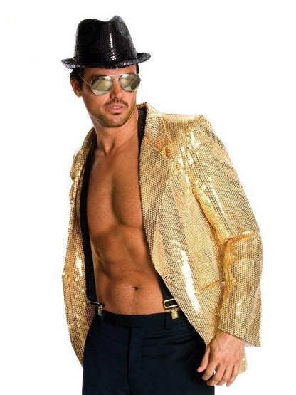 Gold sequin jacket for adult disco costume parties - eye-catching sparkles for standout style.