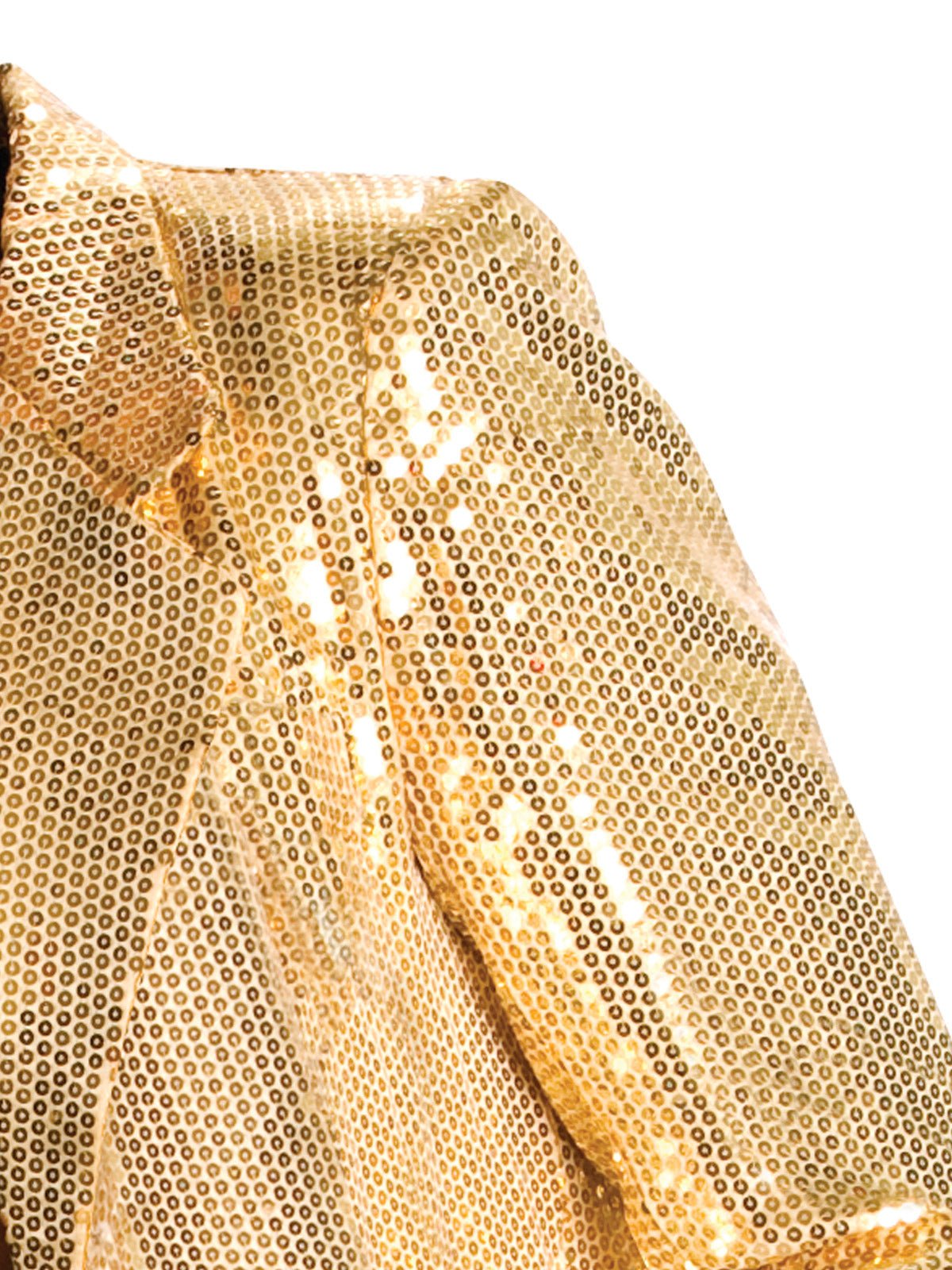 Gold sequin jacket for adult disco parties, shimmering and sparkling, perfect for costume events.