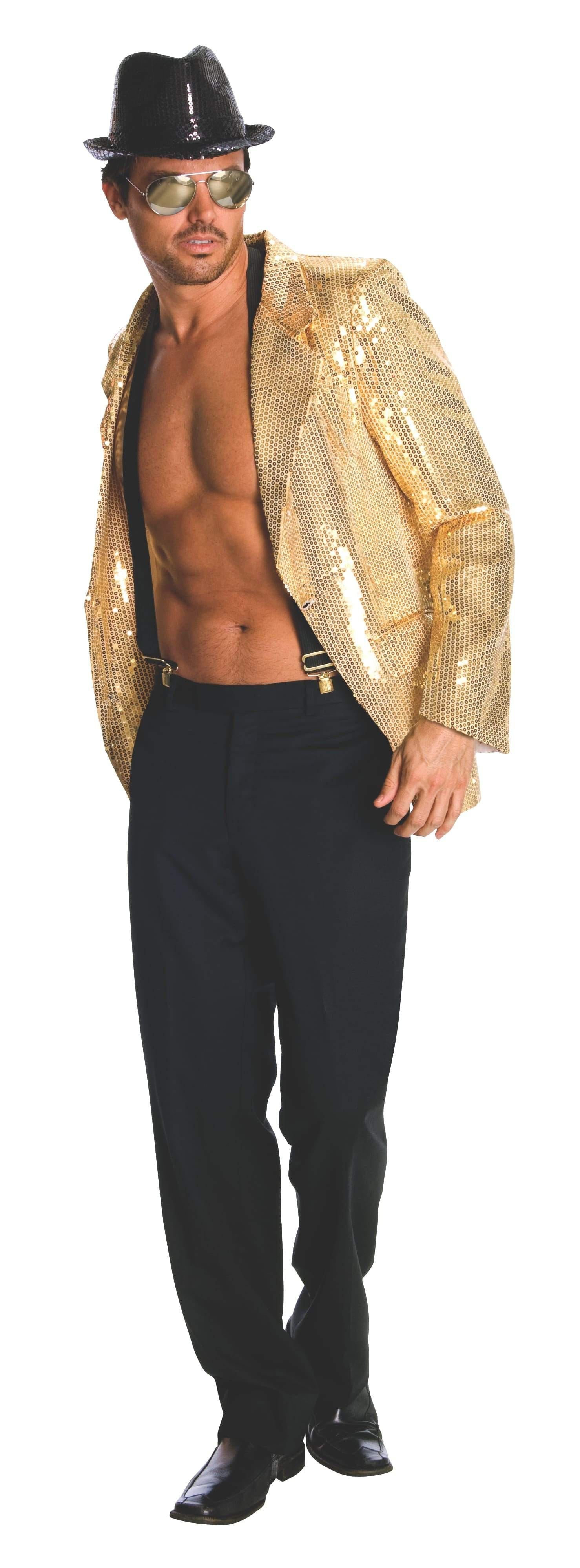 Gold sequin jacket for adult disco costumes, adding sparkle and flair to party outfits.