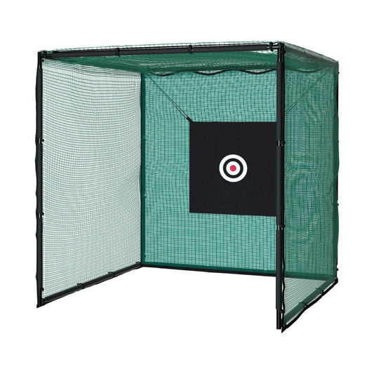 Child-friendly multi-sport practice cage with steel frame for golf, football, and baseball training.